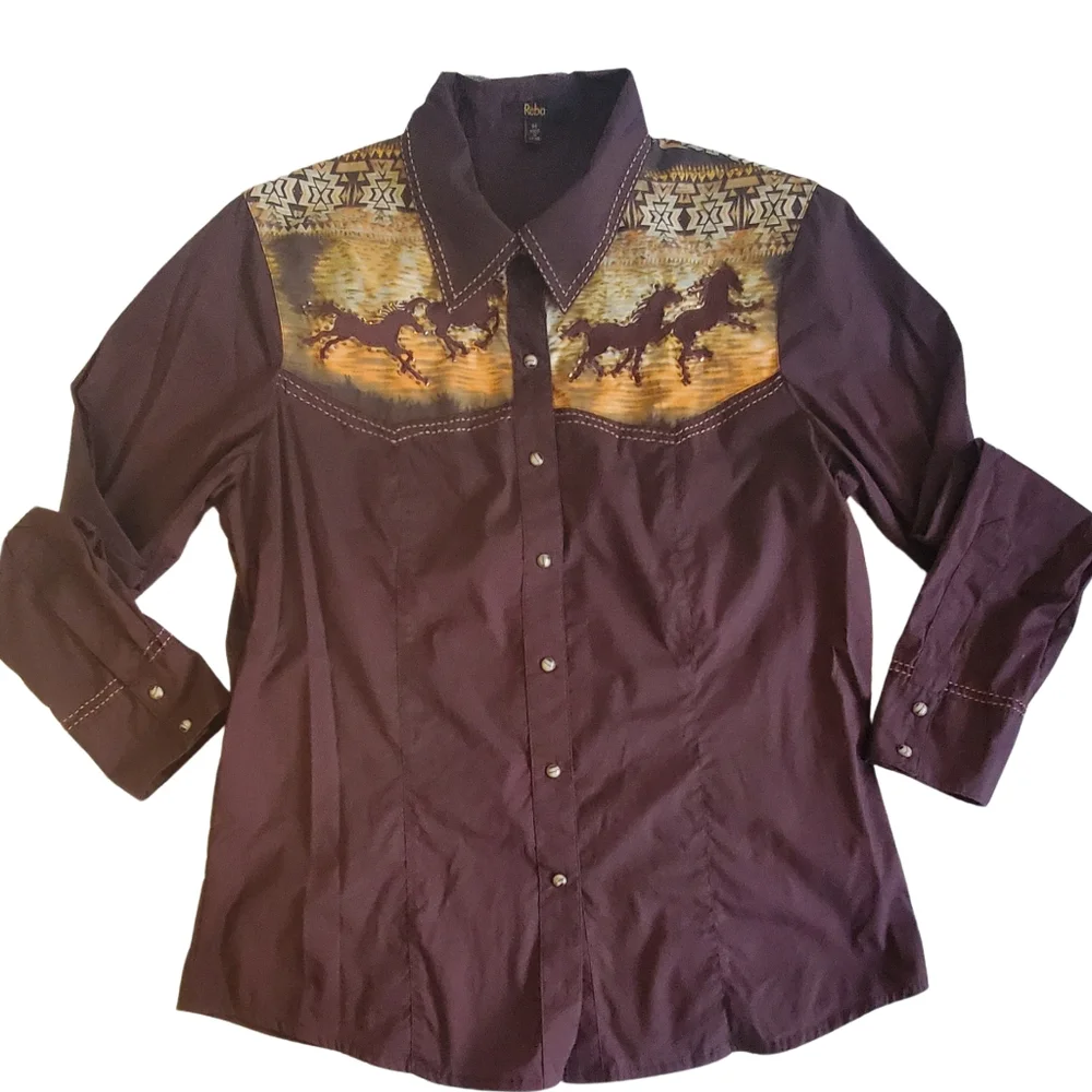 Vintage Brown Reba Beaded Western Rodeo Horses Button Down Long Sleeve Shirt Med - Picture 1 of 12
